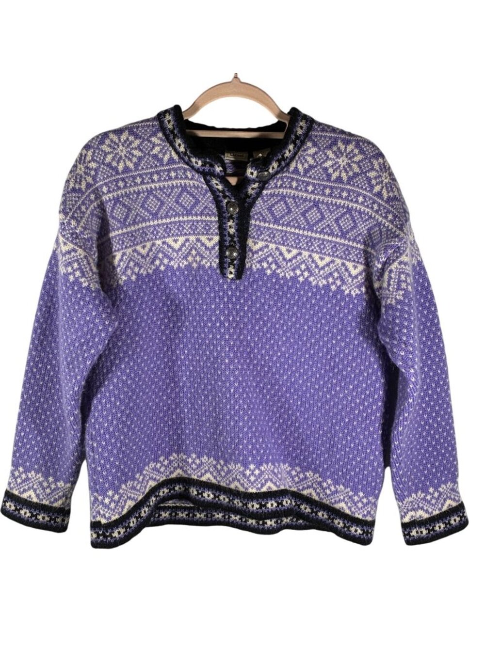 L.L. Bean Womens Purple Nordic Wool Sweater Fair Isle Pattern Button Neck Size M